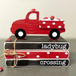 Ladybug decor,  Wooden truck, Tiered tray decor, Mini book bundle