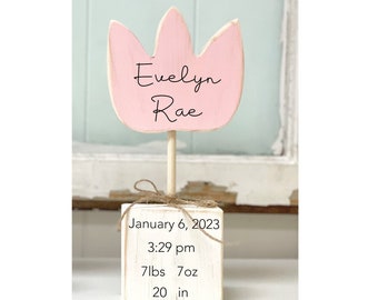 Wooden tulip baby announcement, Wood flower, Personalized birth stats, Girl nursery, Baby shower gift,  Baby keepsake