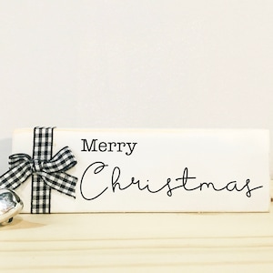 Holiday sign, Tiered tray decor, Merry Christmas, Faux present, Hostess and teacher gift, Coffee bar, Black and white wood sign