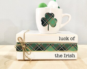 St. Patrick's day decor, tiered tray, plaid,  mini book bundle, book stack, shamrock mug, plaid shamrock, wooden books, tiered tray decor