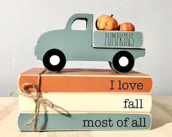 Fall Faux Book Stack & Wooden Pumpkin Truck: Tiered Tray Decor