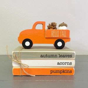 Fall decor, Tiered tray decor,  Pumpkin truck, Mini book bundle, Book stack, Wooden truck, Faux books, books, Farmhouse truck, Hello fall