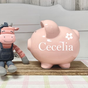 Personalized piggy bank, Baby girl keepsake, Baby shower gift, Ceramic pink bank with flower, Nursery decor