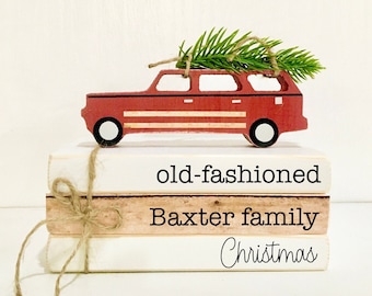 Christmas tiered tray books, Wooden Station wagon, Christmas decor, Personalized book bundle, Old fashioned family Christmas, book stack