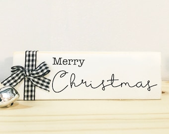 Holiday sign, Tiered tray decor, Merry Christmas, Faux present, Hostess and teacher gift, Coffee bar, Black and white wood sign