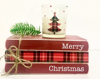 Wooden books, Plaid, Tiered tray decor, Candle holder, Votive, Faux book stack, Christmas decor, Teacher gift, Housewarming, hostess gift