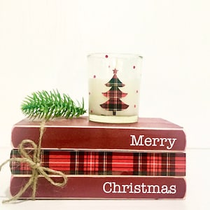 Wooden books, Plaid, Tiered tray decor, Candle holder, Votive, Faux book stack, Christmas decor, Teacher gift, Housewarming, hostess gift