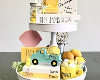 Lemon tiered tray bundle, Mini book stack, Lemonade decor, Farm fresh lemons, Faux books, Tiered tray decor, Summer, lemonade mug