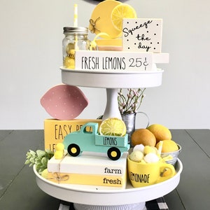 Lemon tiered tray bundle, Mini book stack, Lemonade decor, Farm fresh lemons, Faux books, Tiered tray decor, Summer, lemonade mug