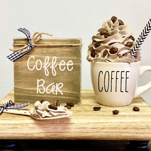 Coffee mug with faux whipped cream topper, Wooden spoon, Coffee bar sign, Mini mug for tiered trays