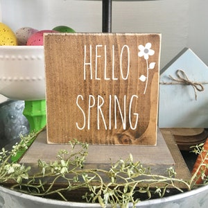 Tiered tray sign- mini- wooden sign, Easter decor- Spring- Easter sign-  Hello spring- Farmhouse-Tiered tray- coffee bar- wooden block
