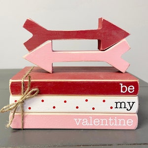 Valentines books, tiered tray decor, wooden arrows, mini book bundle, book stack, be my valentine, Valentine's day decor, faux books,