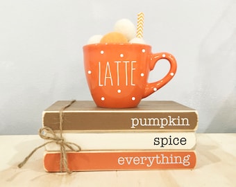 Pumpkin spice, Fall decor, Mini book bundle, Tiered tray decor, Book stack, Pumpkin latte, Faux books,  Farmhouse truck, tiered tray mug