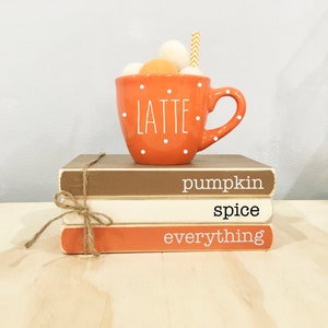 Pumpkin spice, Fall decor, Mini book bundle, Tiered tray decor, Book stack, Pumpkin latte, Faux books,  Farmhouse truck, tiered tray mug