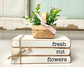 Wood book stack for spring decor for home fresh cut flowers tiered tray books mini flower basket gift for mom