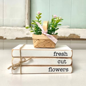 Wood book stack for spring decor for home fresh cut flowers tiered tray books mini flower basket gift for mom image 1