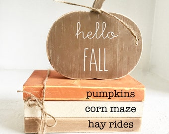 Wooden books, Fall decor, Wood books, Mini book bundle, Book stack, Tiered tray sign, Faux books, Tiered tray decor, Hello fall, Hay rides