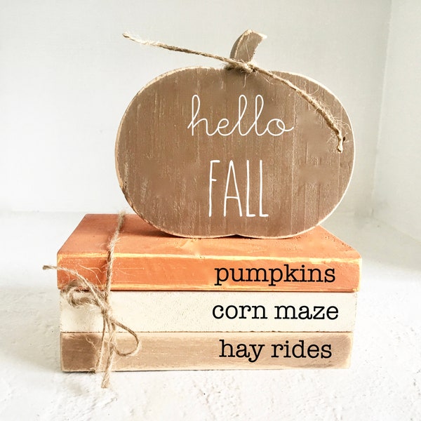 Wooden books, Fall decor, Wood books, Mini book bundle, Book stack, Tiered tray sign, Faux books, Tiered tray decor, Hello fall, Hay rides