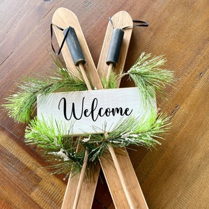 Personalized wooden skis door hanger, Winter decor