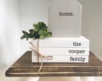 Personalized mini book stack, Farmhouse decor, Family books, Faux books, kitchen decor, teacher gift, home sweet home, housewarming