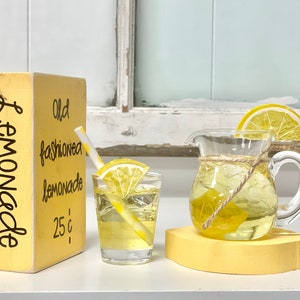 Lemonade pitcher and glass, Wooden lemon, Mini pitcher, Tiered tray, Faux glass of lemonade,  Summer, Lemon decor, Wooden book