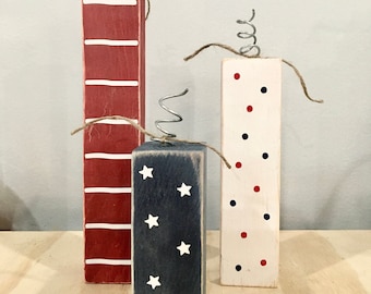 4th of July decor, wooden firecrackers, set of 3, farmhouse, tiered tray decor, shelf sitter, faux firecrackers, stars and stripes, rustic