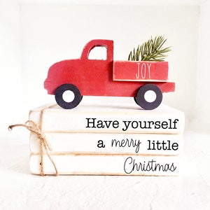 Red truck and Christmas book stack, Have yourself a merry little Christmas, Tiered tray decor, Wood books