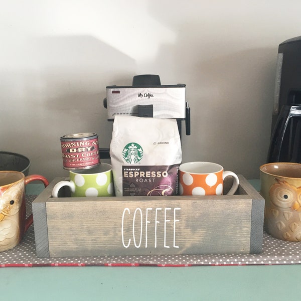 wood coffee box, farmhouse decor, coffee gift, goodie box, housewarming, coffee station, gift box, coffee bar, kitchen counter,  rustic