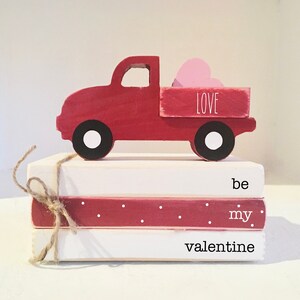 Valentines decor,  Wooden truck, Tiered tray decor, Mini book bundle, Book stack, red truck, Faux books, Farmhouse truck, Valentines gift