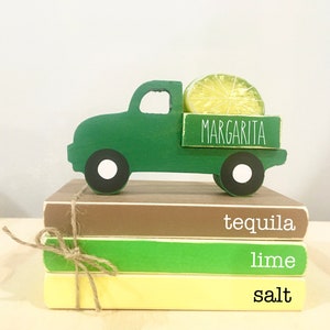 Summer tiered tray decor, Margarita decor, Margarita truck, Wooden truck, Lime, Bar decor,  mini book bundle, book stack, wooden books,