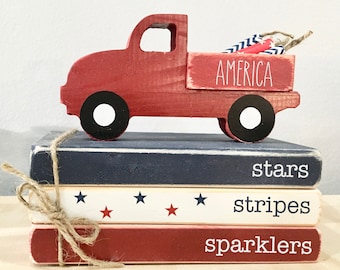 4th of July Tiered Tray Decor: Rustic Wooden Book Stack & Truck Set