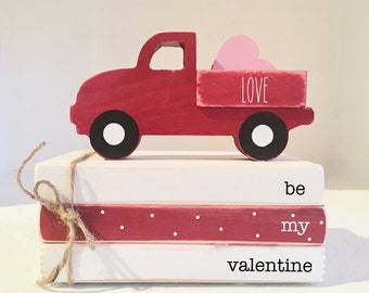 Valentines decor,  Wooden truck, Tiered tray decor, Mini book bundle, Book stack, red truck, Faux books, Farmhouse truck, Valentines gift