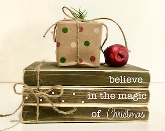 Christmas book bundle, Tiered tray decor, mini book stack, Christmas decor, farmhouse, faux present,  Believe, Teacher gift, wooden books