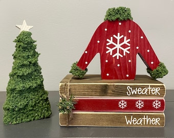 Holiday tiered tray, Sweater weather, Ugly sweater, Snowflake, Tiered tray decor, Book stack, Christmas decor, Wooden sweater, Sweater tree