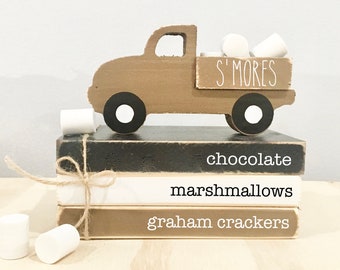 S'mores tiered tray, wooden truck, Mini book bundle, Book stack, Wooden truck, Faux books, books, Tiered tray decor, S'mores bar