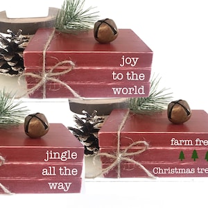 Christmas book bundle, mini book stack, red wood books, Christmas decor, farmhouse, faux books, set of 3,  housewarming, wooden books