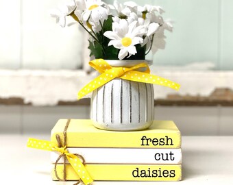 Spring tiered tray book stack, Fresh cut daisies for Mother's Day gift, Rustic vase with flowers, Mini faux books for home decor