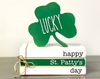 St. Patrick's day decor, Tiered tray decor,  Wooden shamrock, mini book bundle, book stack,  farmhouse,  wooden books, Lucky