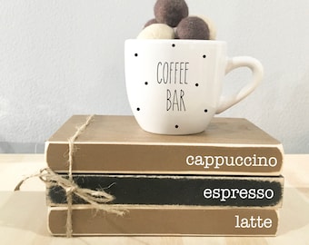 Coffee bar, Coffee mug, Tiered tray, mini books, Tiered tray decor, Book stack, Kitchen decor, Wooden books, mini mug, Espresso, Cappuccino