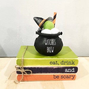 Halloween decor, Tiered tray, Mini book bundle, black cauldron, Book stack, Witches brew, Faux books, Eat drink and be scary,  Party decor