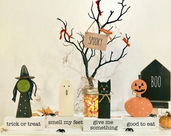 Halloween decor, Wood statues for tiered tray decor, Trick or treat smell my feet signs