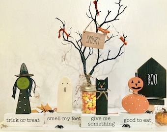 Halloween decor, Wood statues for tiered tray decor, Trick or treat smell my feet signs