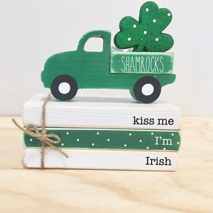 St. Patrick's day decor,  Wooden truck, Tiered tray decor, Mini book bundle, Book stack, Shamrock truck, Farmhouse,  kiss me I'm irish