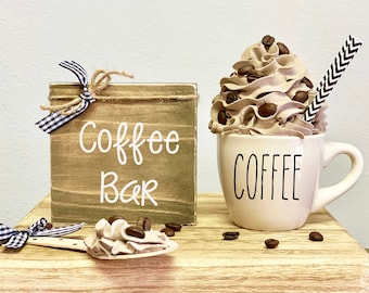 Coffee mug with faux whipped cream topper, Wooden spoon, Coffee bar sign, Mini mug for tiered trays