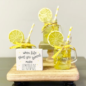 Lemonade, Glass jar, Tiered tray, Faux glass of lemonade,  Summer, Wooden sign, Lemon decor
