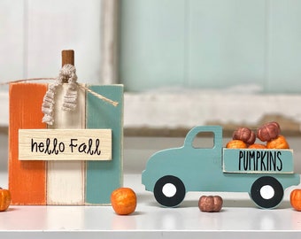 Wood pumpkin and truck set, Tiered tray fall decor