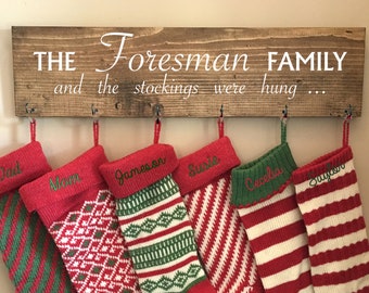 Family stocking holder, no mantle, hanging stocking hooks