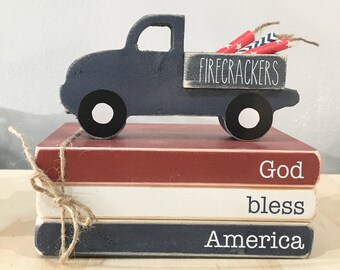 4th of July decor, holiday tiered tray decor, mini book bundle, book stack, wooden truck, farmhouse, faux books, wooden books, old truck