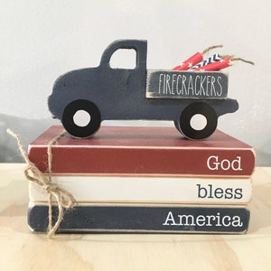 4th of July decor, holiday tiered tray decor, mini book bundle, book stack, wooden truck, farmhouse, faux books, wooden books, old truck