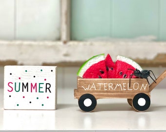 Summer tiered tray decor, Watermelon and ant, Wood wagon with watermelon, Summer sign